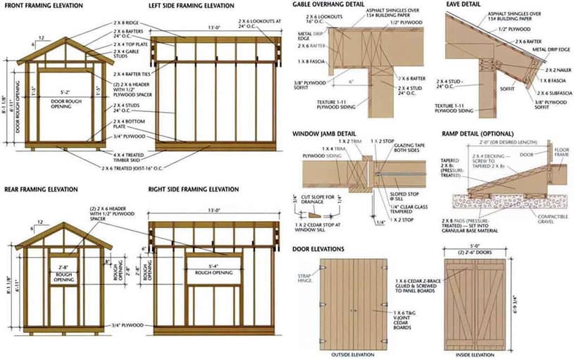 Shed plan designs showing all angles and details